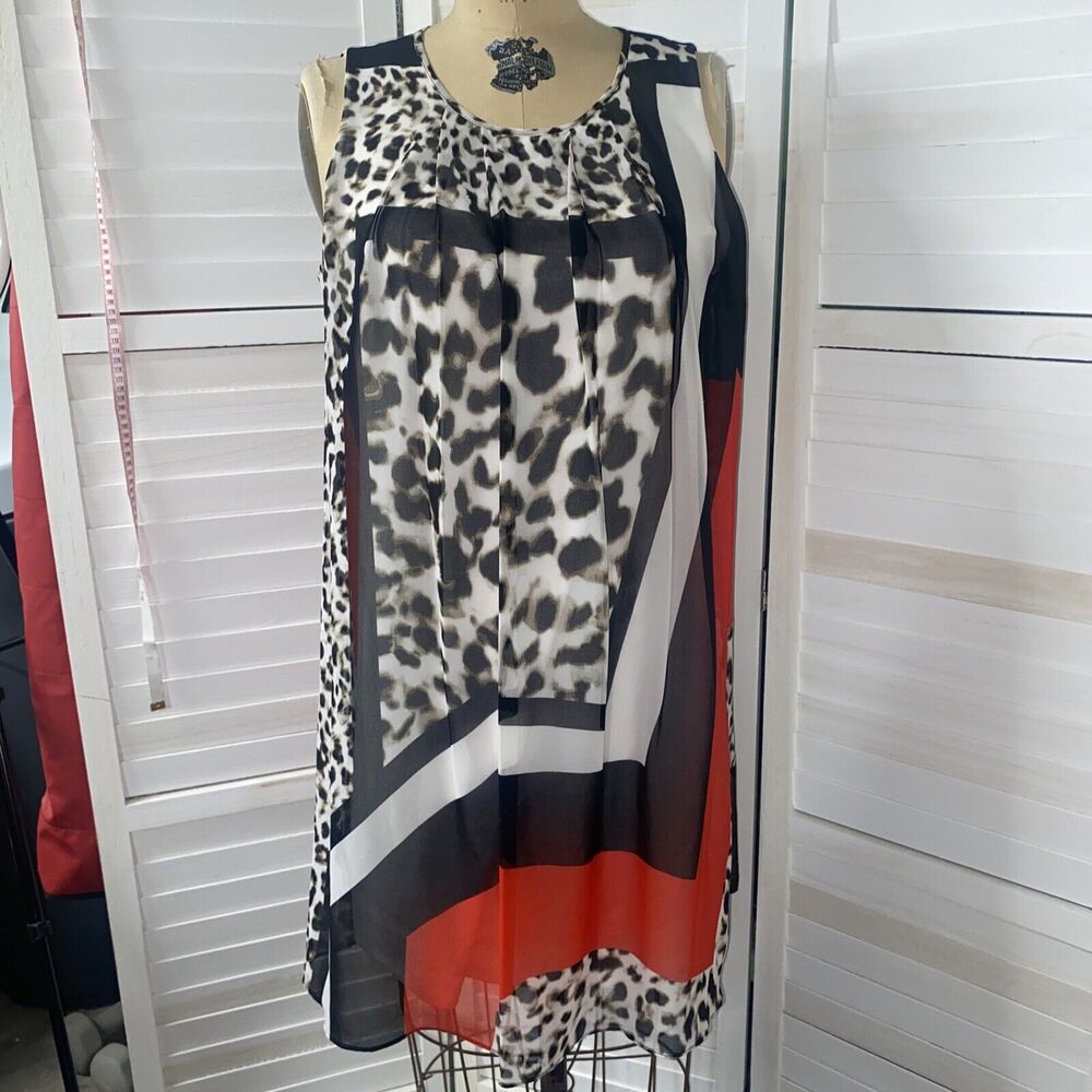 Calvin Klein Sleeveless Black Chiffon Cheetah Print Red Trapeze Dress Size 8